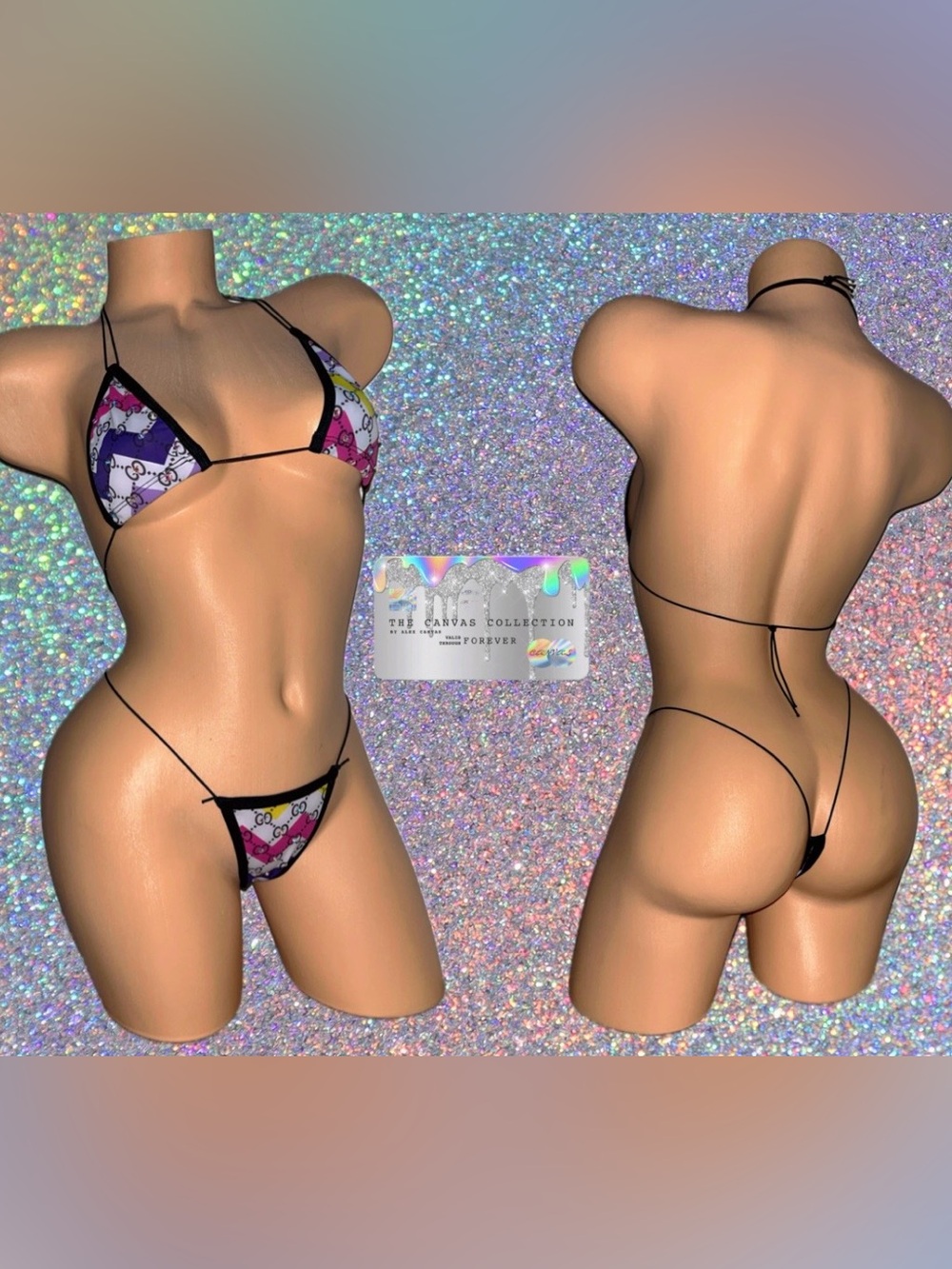 STRIPPER OUTFIT: MULTICOLORED 2 Piece Bikini Set with rhinestones & pasties